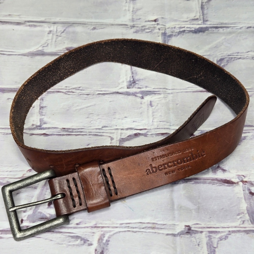 VTG Y2K Abercrombie Belt Brown Leather Distressed Casual Logo Business Mens S/M